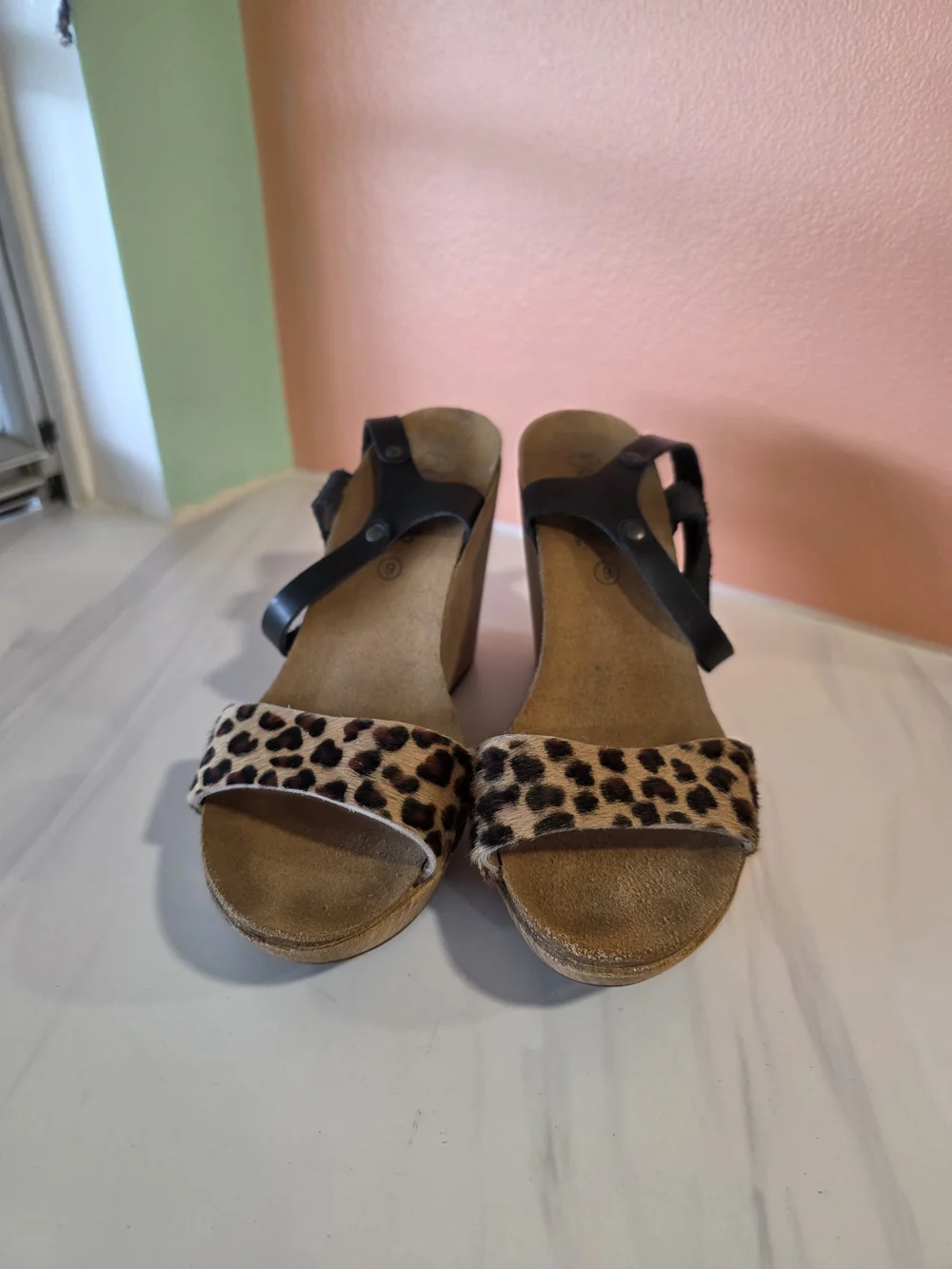 Leopard Print Wedge Sandals Biostep 9 Black Ankle Strap Boho Babe Summer